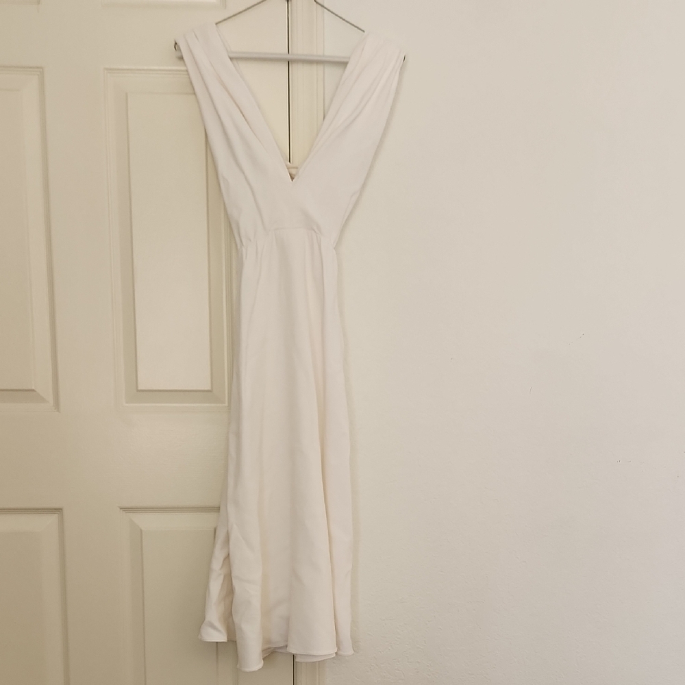 Tome NYC White Clean Minimalist Cross Back Vneck Pleaded Strap Midi Dress Size 2